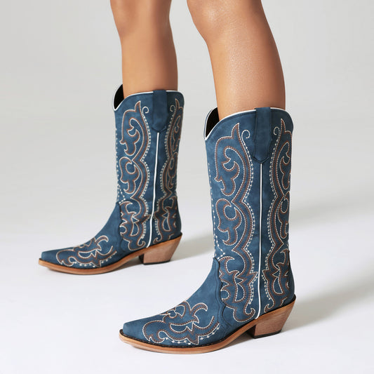 Embroidery Thread High Cylinder Western Denim Autumn And Winter Women's Boots