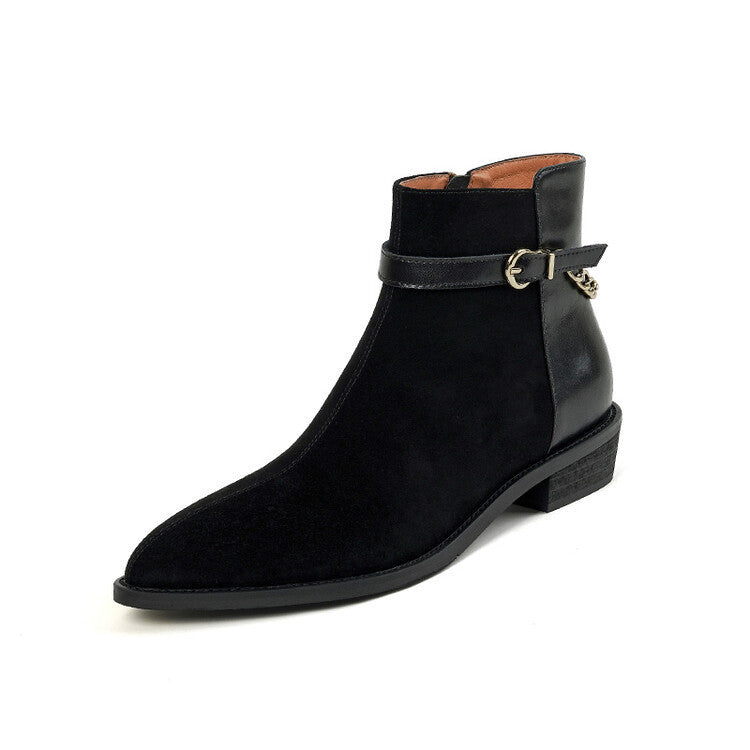 Women's Square Heel Pointed-toe Side Zip Belt Buckle Flat Ankle Boots