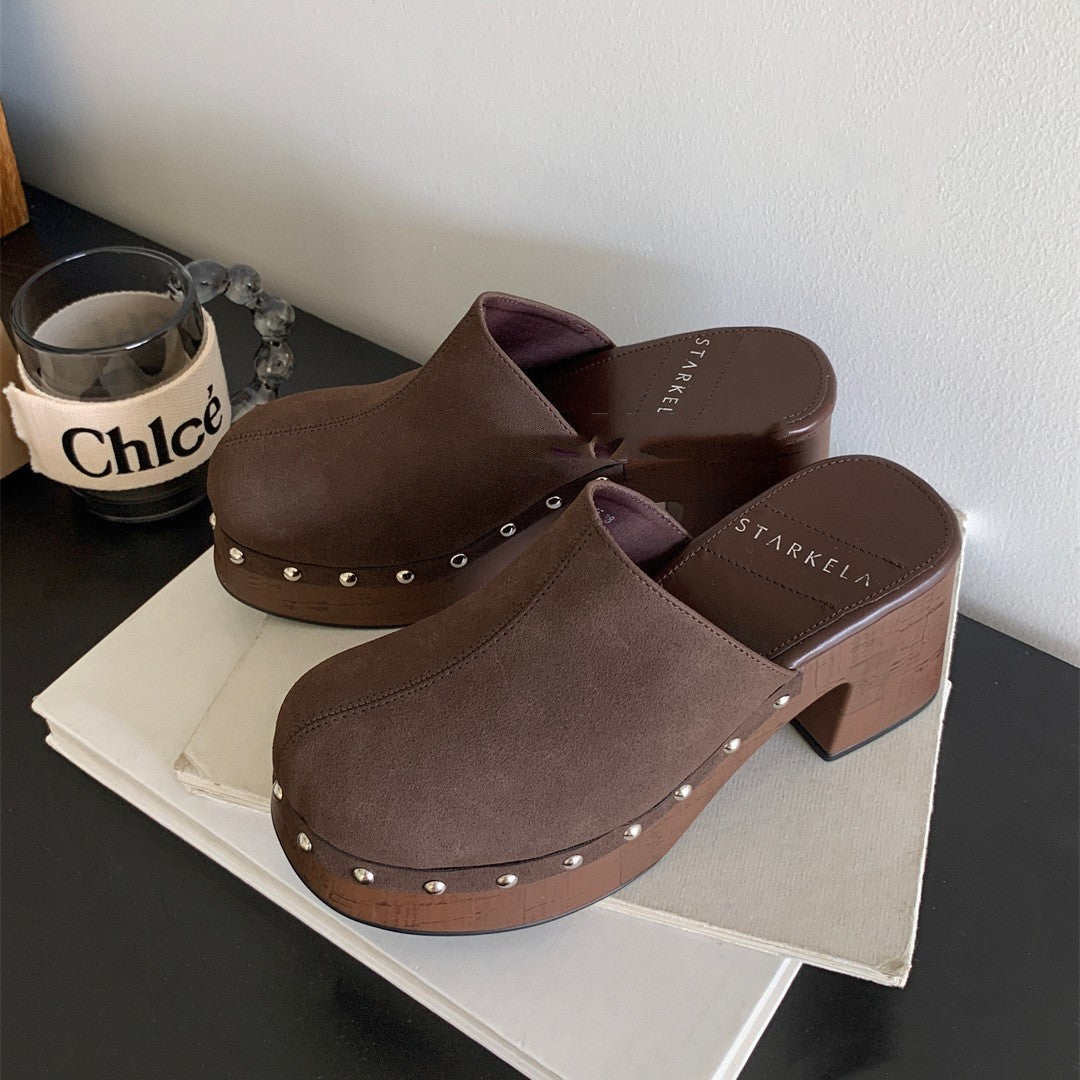 Deep Mouth Thick High Heel Matte Leather Rivet Fashion Closed Toe Half Slippers