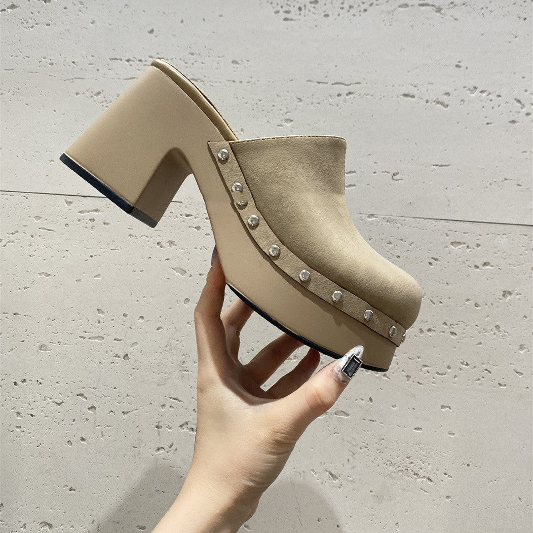 Deep Mouth Thick High Heel Matte Leather Rivet Fashion Closed Toe Half Slippers