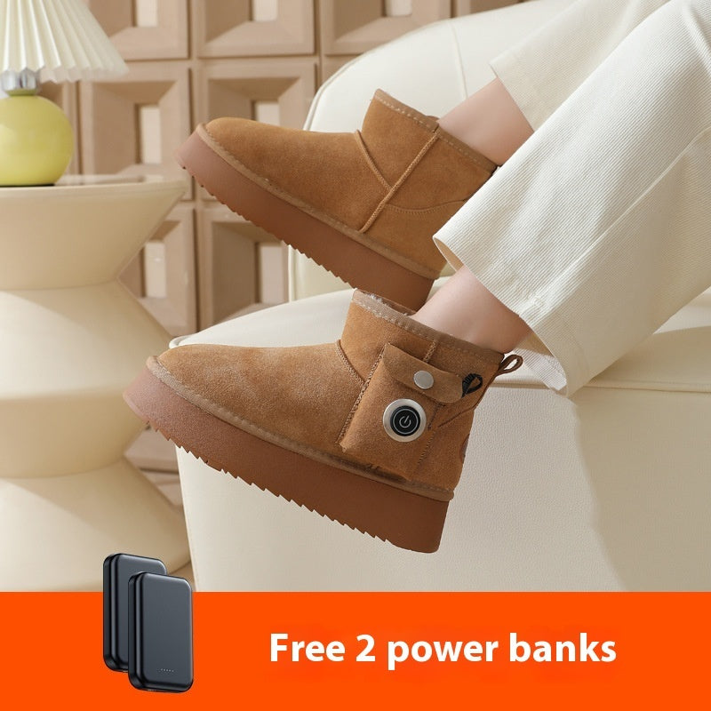 Electrically Warmed Shoes Fleece-lined Warm Leather Cold-proof Men's And Women's Boots