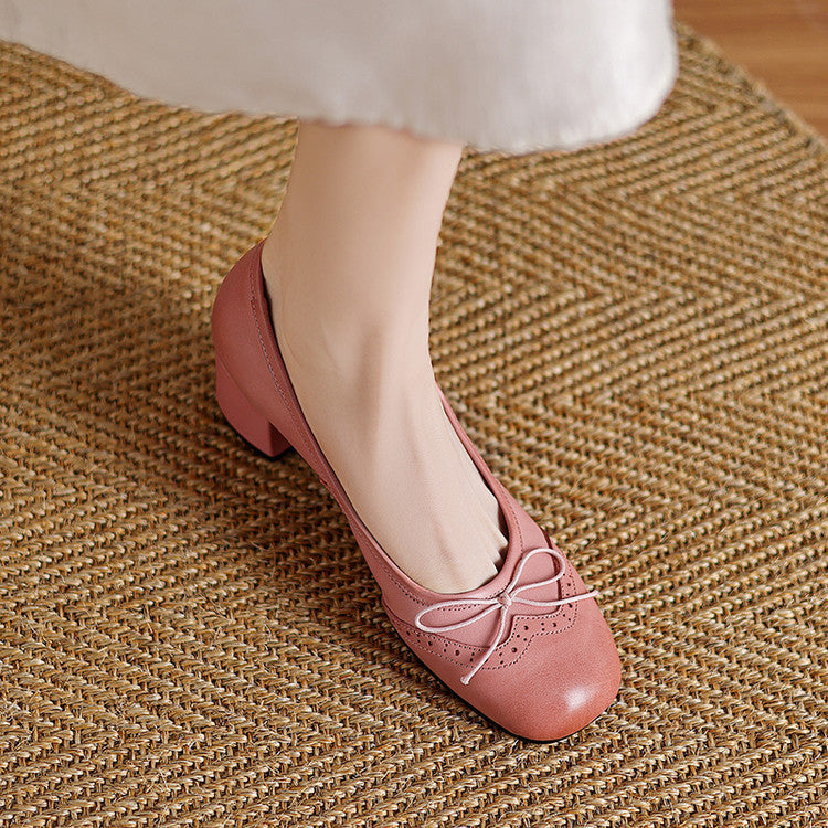 Women's Round Toe Shallow Mouth Gentle Bow Mid Heel Leather Shoes