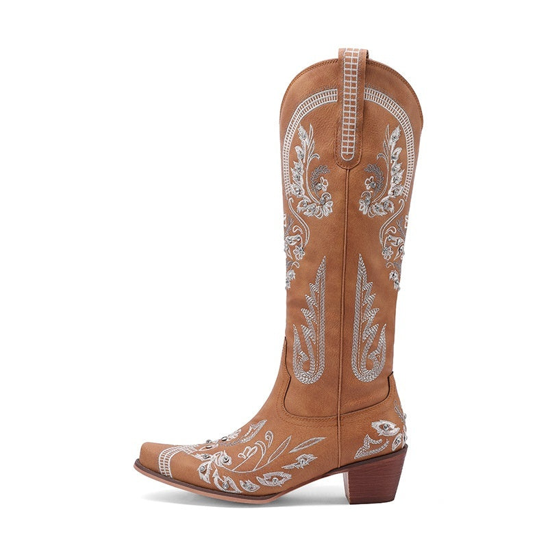 Embroidered Rhinestone Thick High Heel Side Zipper High-top Boots