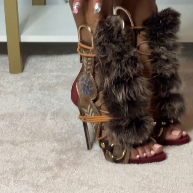 European Station Fashion Retro Metal Buckle Lace-up Color Matching Fur Stiletto Sandals