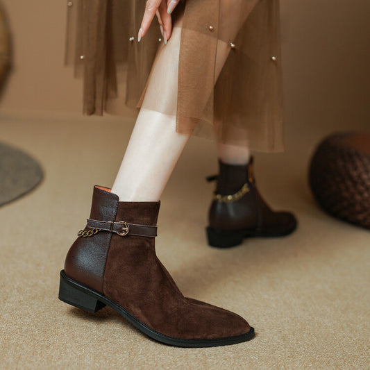 Women's Square Heel Pointed-toe Side Zip Belt Buckle Flat Ankle Boots
