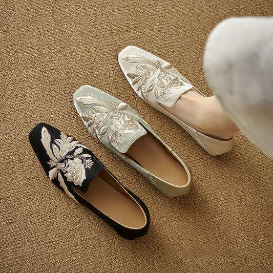 Embroidery Low-cut Flat Pumps Women's Soft Bottom