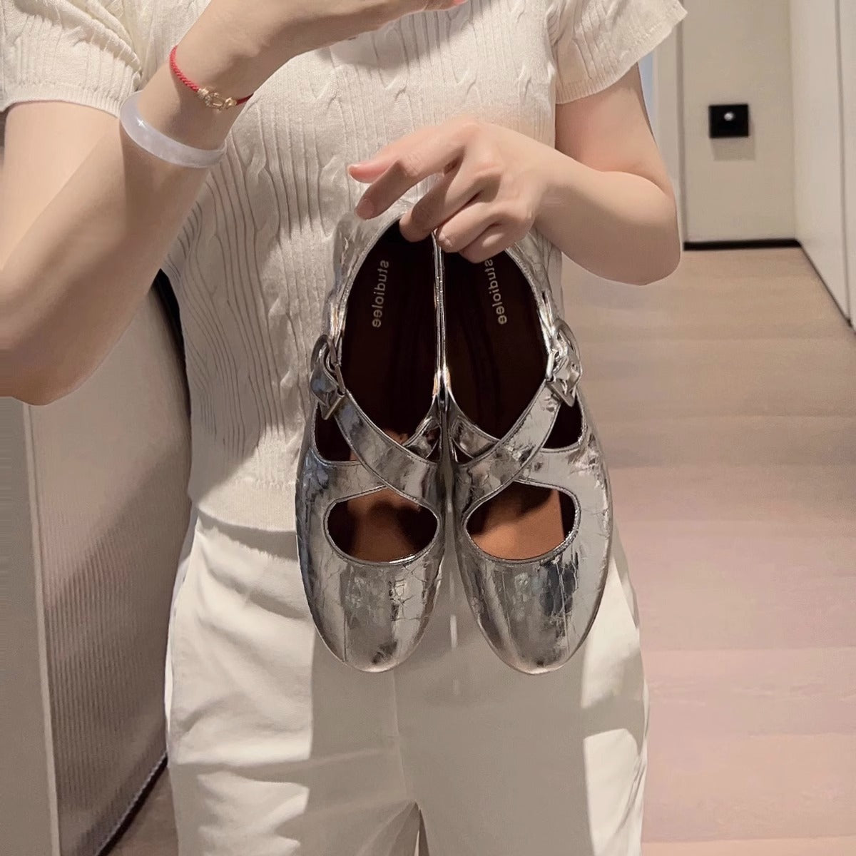 Cross Strap Silver Round Head Women's Shallow Mouth Flat Bottom Leather Shoes