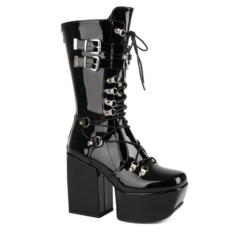 Below The Knee Fashion Women's Boots Autumn And Winter New Punk Belt Buckle Square Head