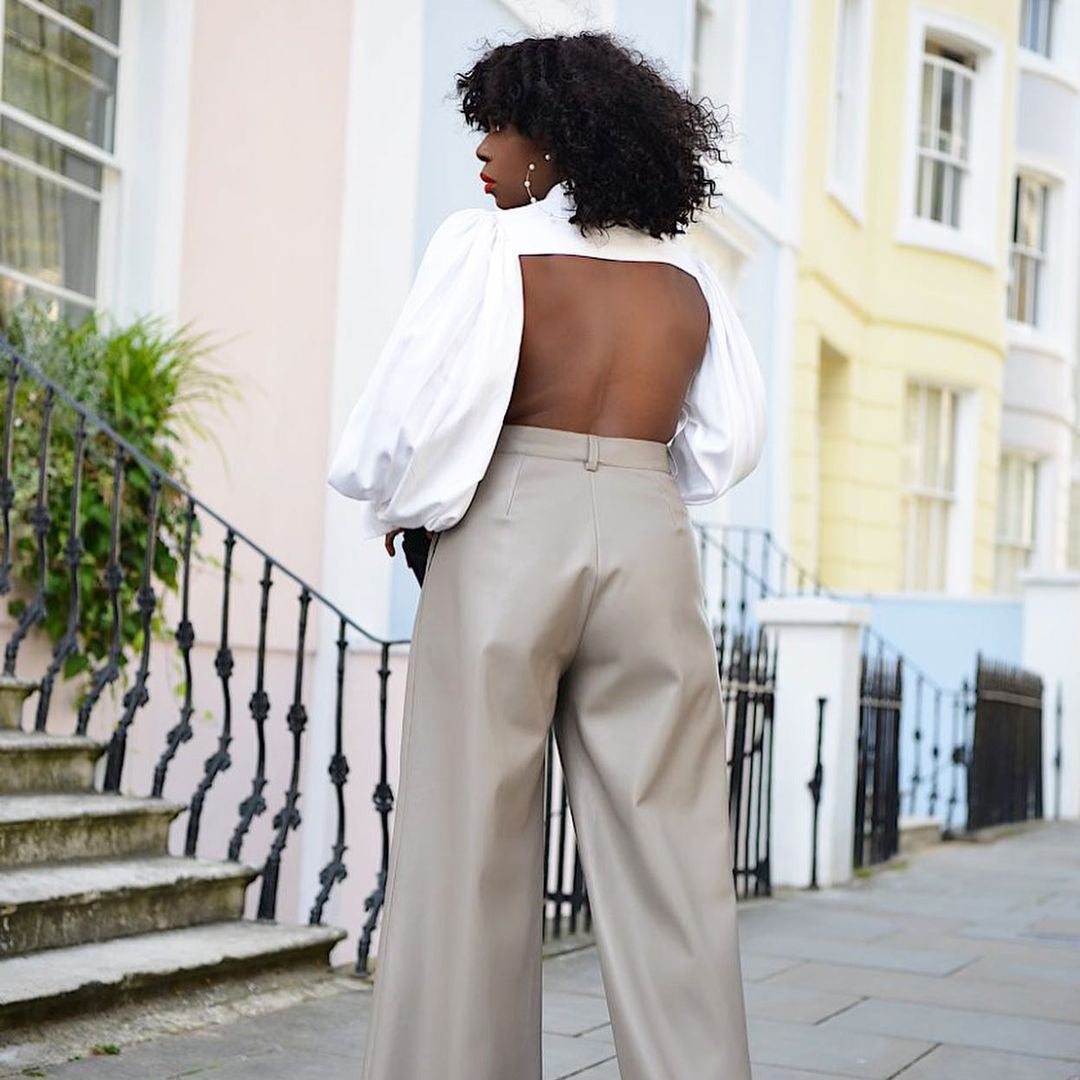 Single-Breasted Backless Lantern Sleeve Long Sleeve Office Shirt