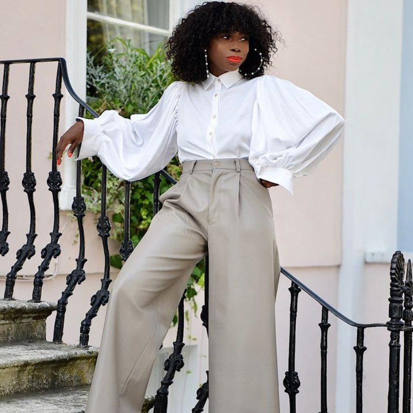 Single-Breasted Backless Lantern Sleeve Long Sleeve Office Shirt