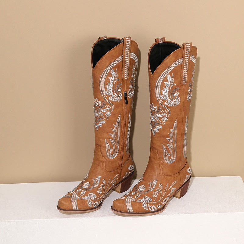Embroidered Rhinestone Thick High Heel Side Zipper High-top Boots