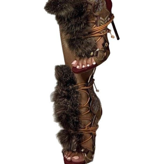 European Station Fashion Retro Metal Buckle Lace-up Color Matching Fur Stiletto Sandals