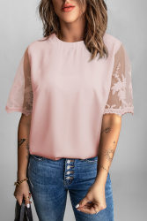 Lace Short-Sleeved Top WomenSolid Color Casual Chiffon Shirt