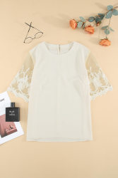 Lace Short-Sleeved Top WomenSolid Color Casual Chiffon Shirt