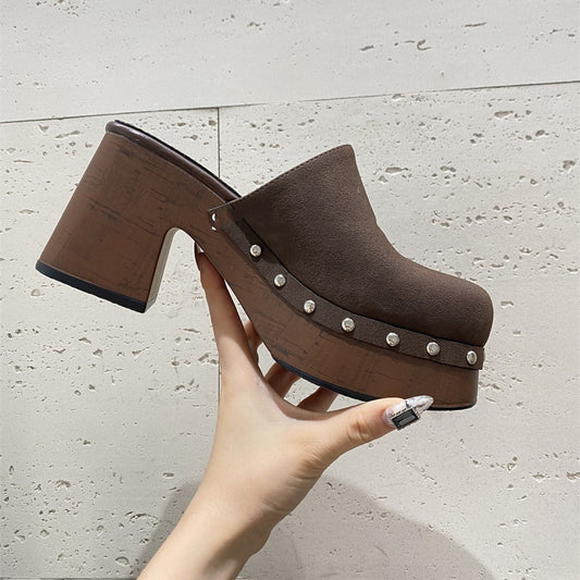 Deep Mouth Thick High Heel Matte Leather Rivet Fashion Closed Toe Half Slippers