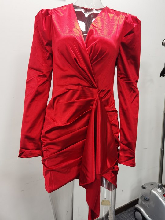 Popular Women Clothing Spring Autumn Long Sleeve Sexy V-neck Party Red Dress