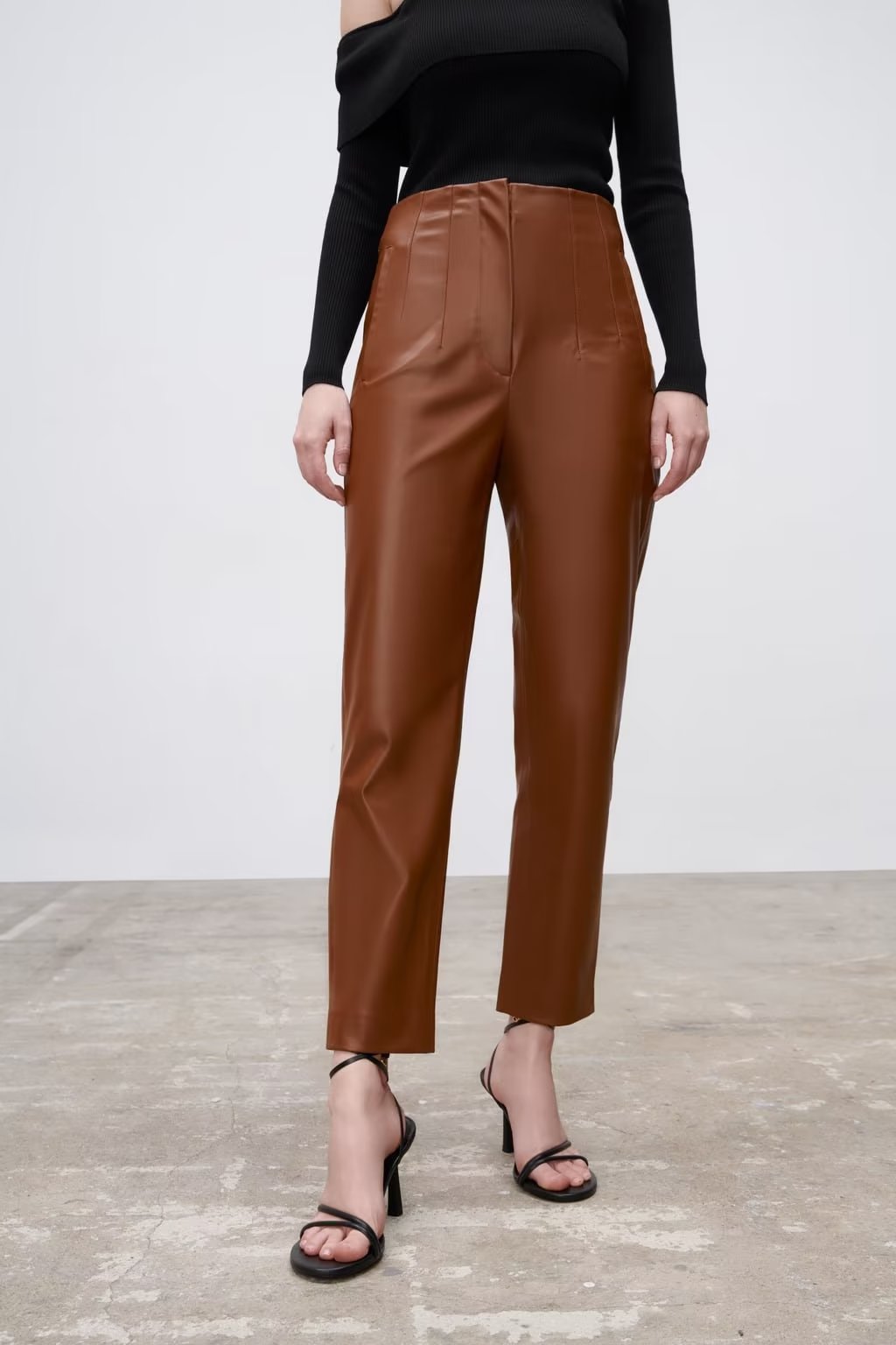 Women Clothing Autumn High Waist Ruched Faux Leather Pants