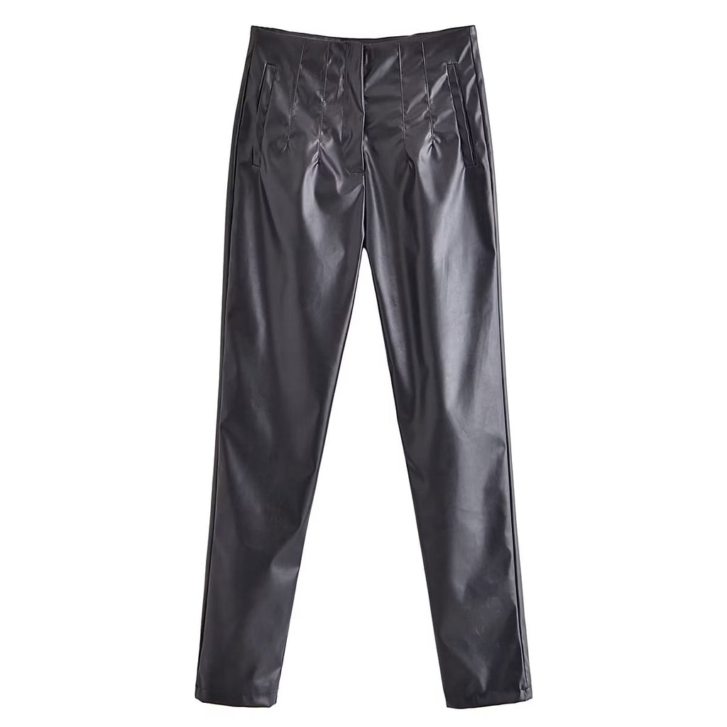 Women Clothing Autumn High Waist Ruched Faux Leather Pants