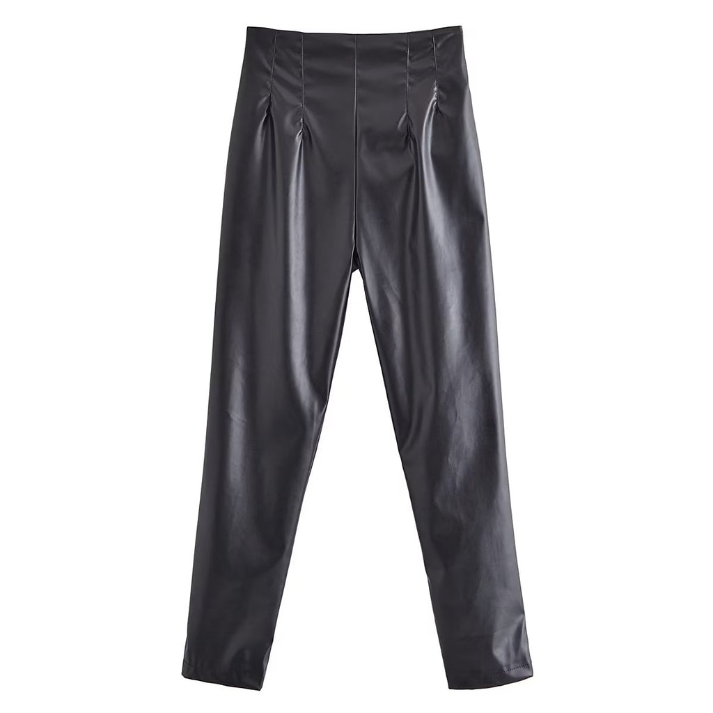 Women Clothing Autumn High Waist Ruched Faux Leather Pants