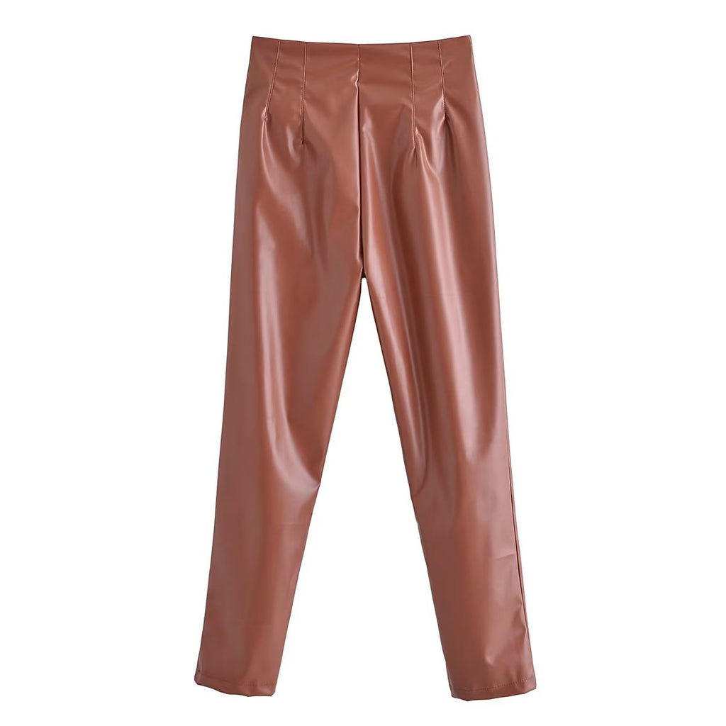 Women Clothing Autumn High Waist Ruched Faux Leather Pants