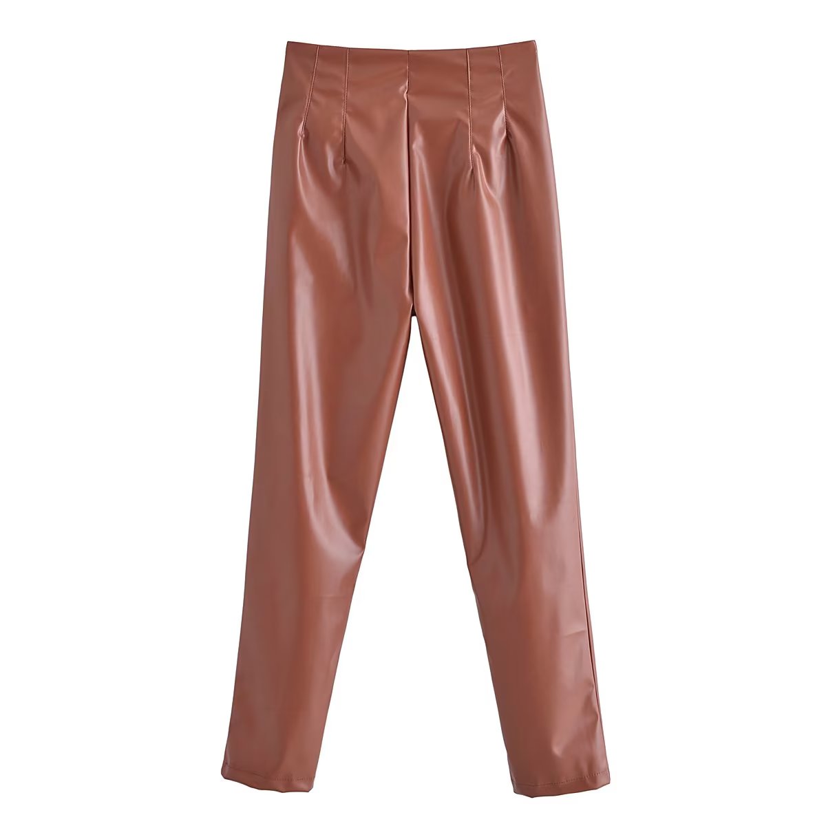 Women Clothing Autumn High Waist Ruched Faux Leather Pants