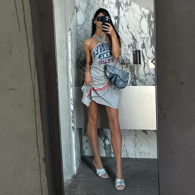 Summer Sexy Slim Fit Sleeveless Halter Irregular Asymmetric Pattern Print Hip Bag Dress