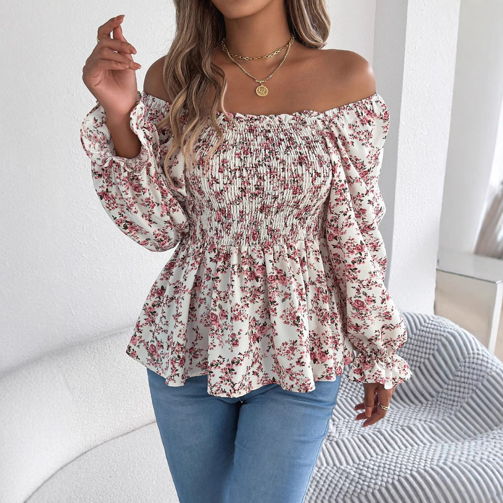 Spring Summer Casual Square Collar Bell Sleeve Floral Chiffon Shirt Holiday Top Women Clothing