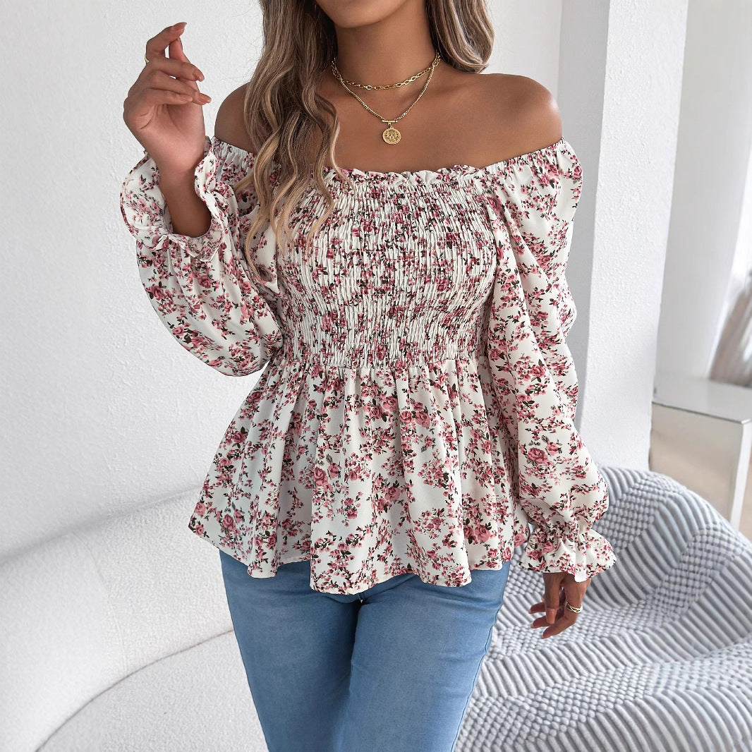 Spring Summer Casual Square Collar Bell Sleeve Floral Chiffon Shirt Holiday Top Women Clothing