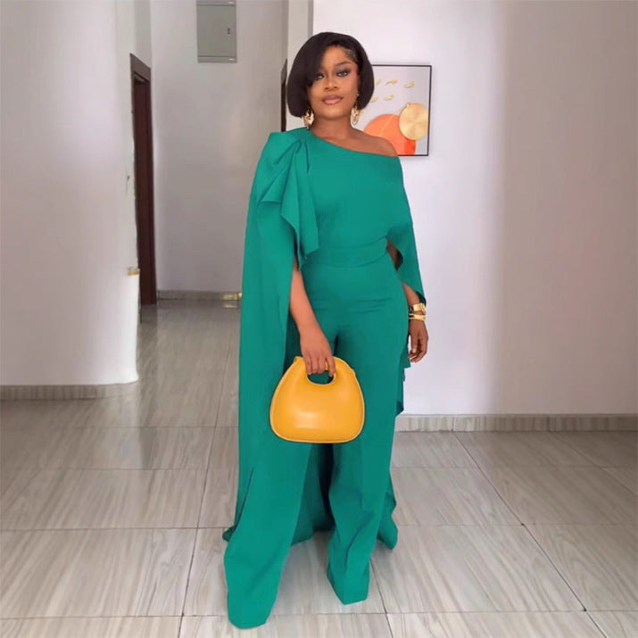 Solid Color Cloak Slant Shoulder Wide Leg Jumpsuit