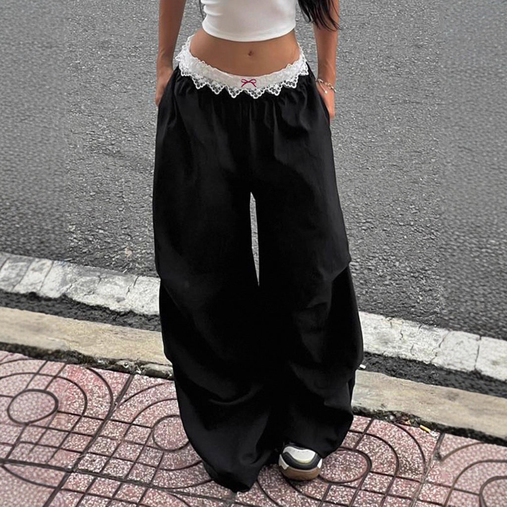 Street Stitching Lace Contrast Color Waist Head Women Summer Wide Leg Mopping Woven Trouser