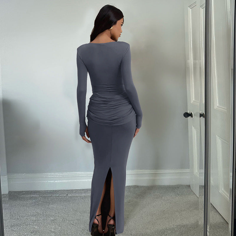 Women Clothing Autumn Winter Slim round Neck Solid Color Fold Split Long Sleeve Elegant Dress for Women