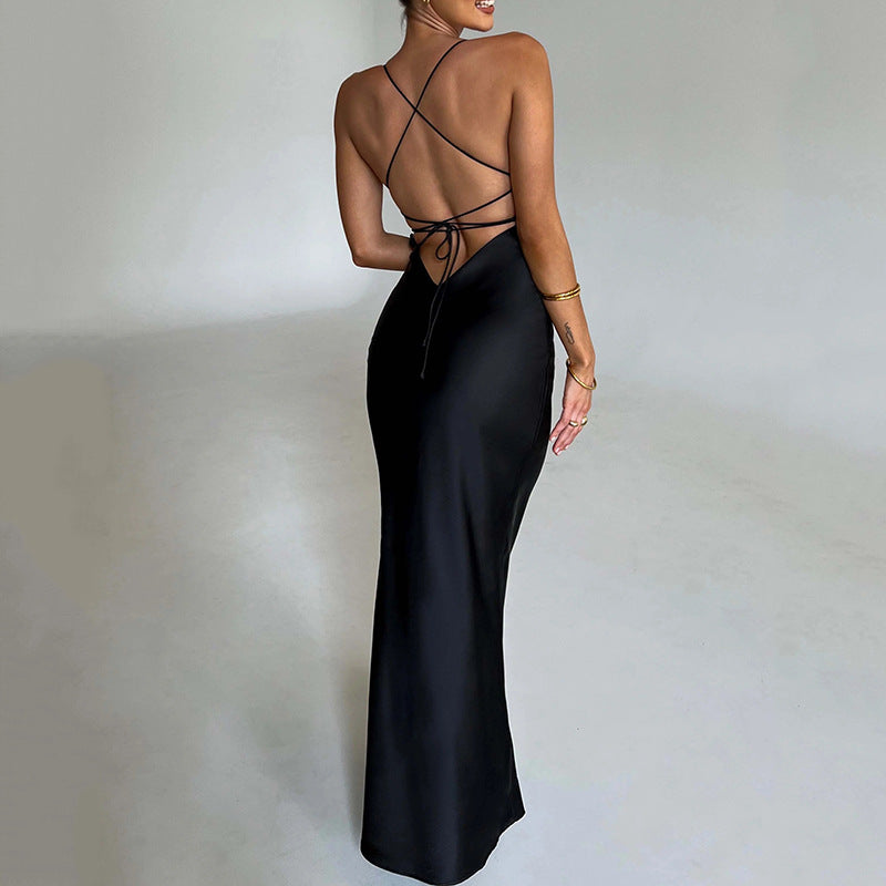 Women Clothing Sexy Strap Satin Dress Autumn Backless Lace up Waist Controlled Maxi Dress