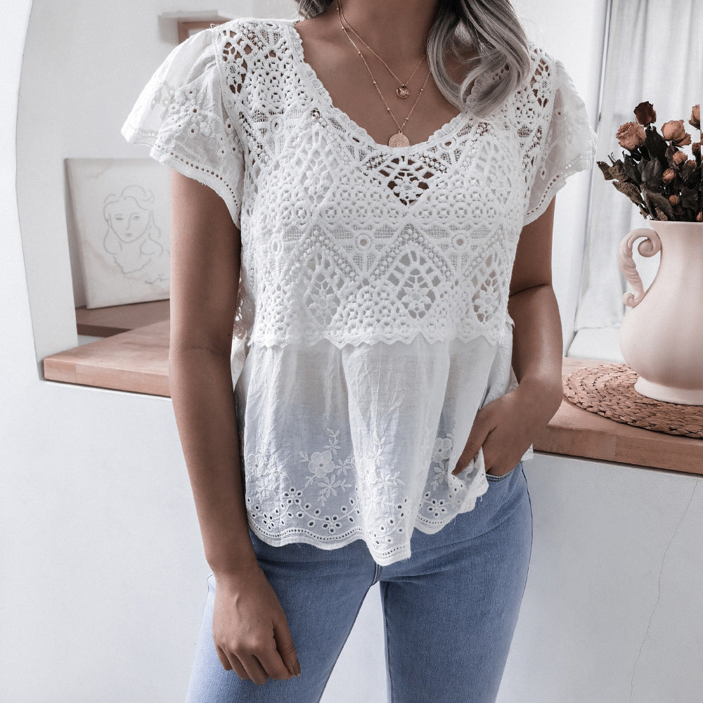 Real Shot Casual Embroidery Ruffled Short Sleeves V-neck Crocheted Hollow Out Cutout Lace Shirt Peplum Top