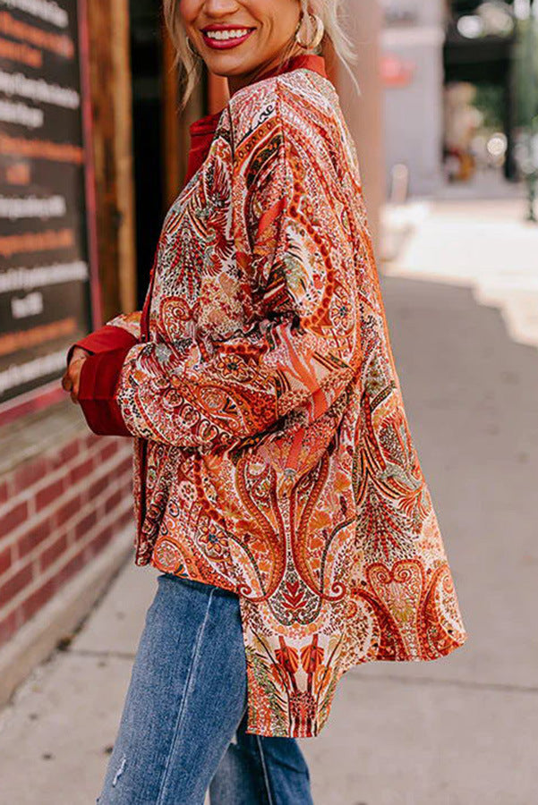 Autumn Winter Retro Printed Loose Street Tops Shirt for Women