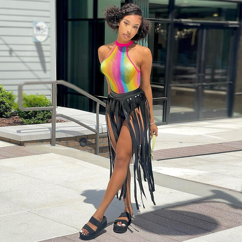 Vêtements d'automne pour femmes - Jupe fendue sexy à découpes et pompons personnalisée