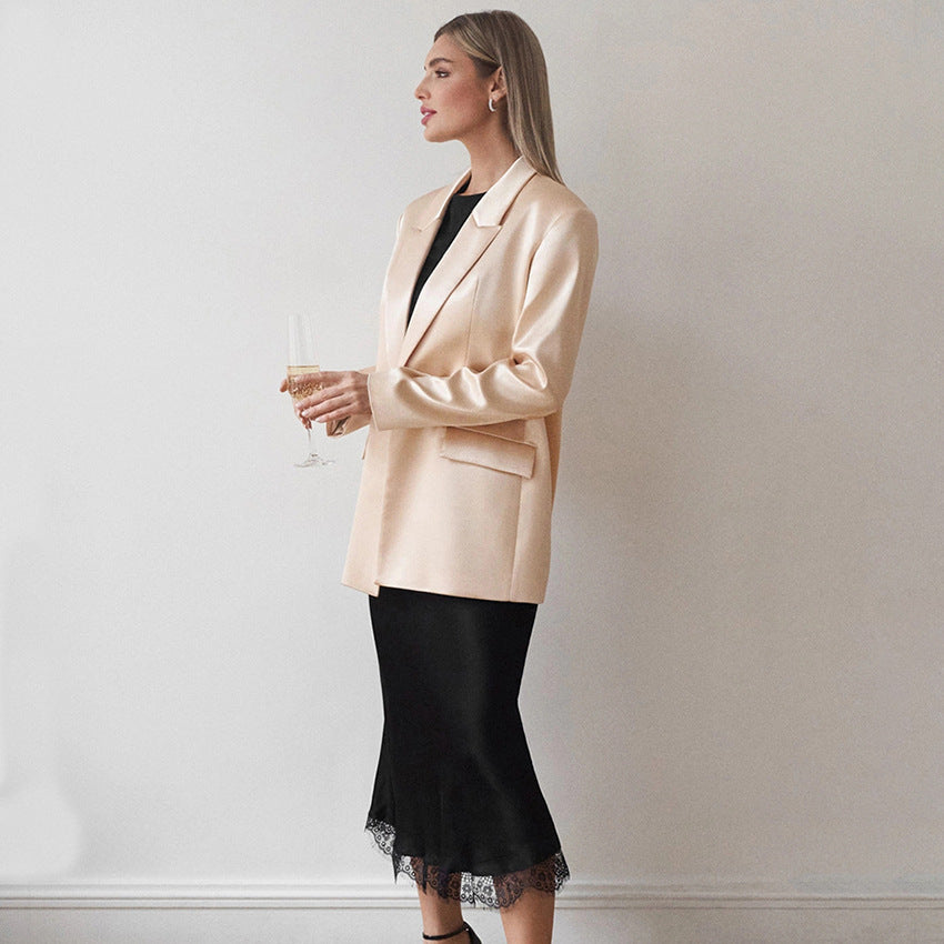 Spring Black Fishtail Skirt Lace Ruffled High Waist Skirt Satin Satin Satin