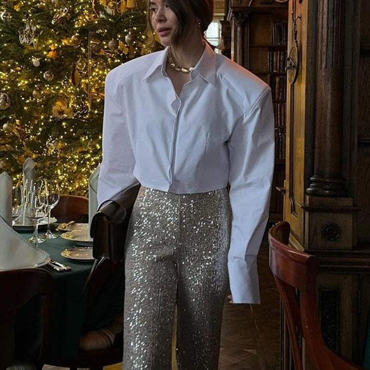 French Simplicity Commuting Short Model in White Color Women Shirt Autumn Polo Collar Long Sleeve All Match Cardigan Top