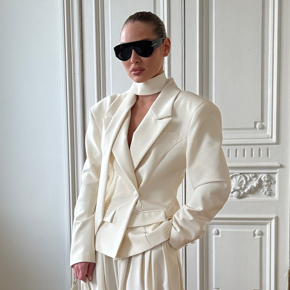 Ribbon Waist Tight Blazer for Women Autumn Winter Office Coat Short Blazer