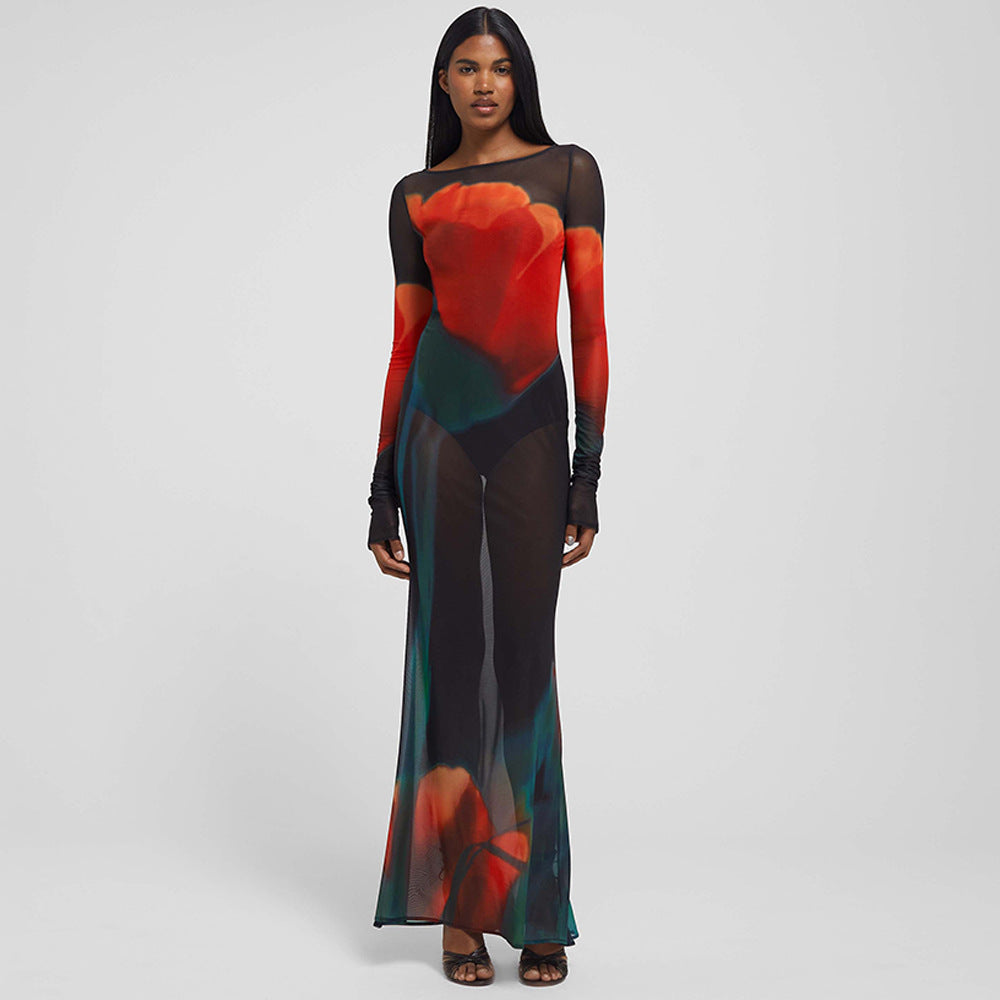 Winter Sexy See through Slim Fit Dress Arrival Printing round Neck Dress