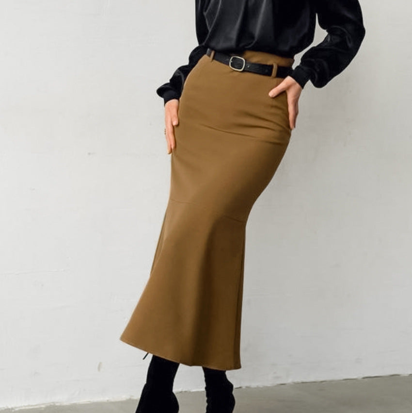 Brown Slim High Waist Fishtail Skirt Autumn Fashionable Elegant High Grade Women Dress No Belt