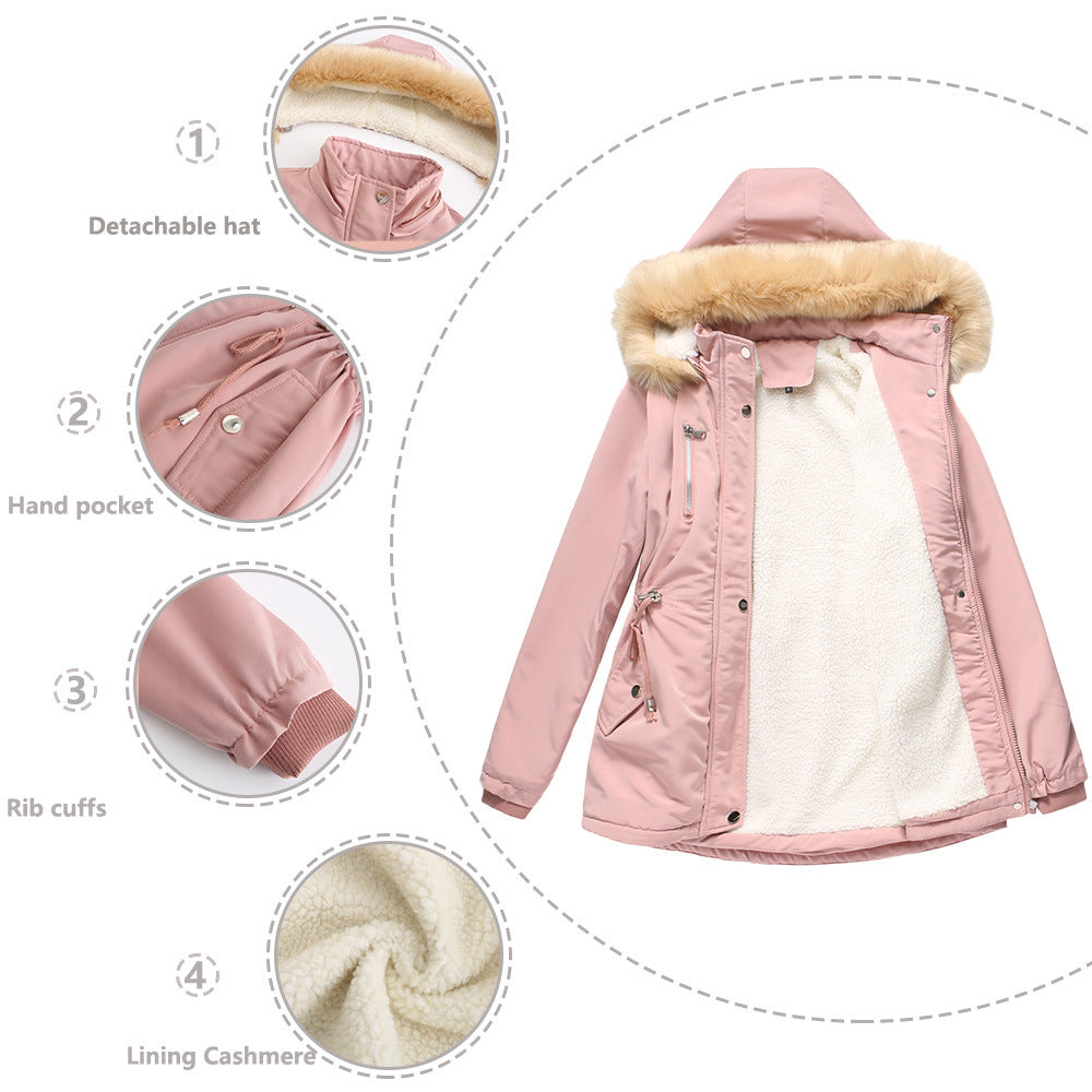 Autumn Winter Women Clothing Thick Lambskin Cotton-Padded Coat Women Loose Women Cotton Clothes Removable Hat Fleece Padded Coat
