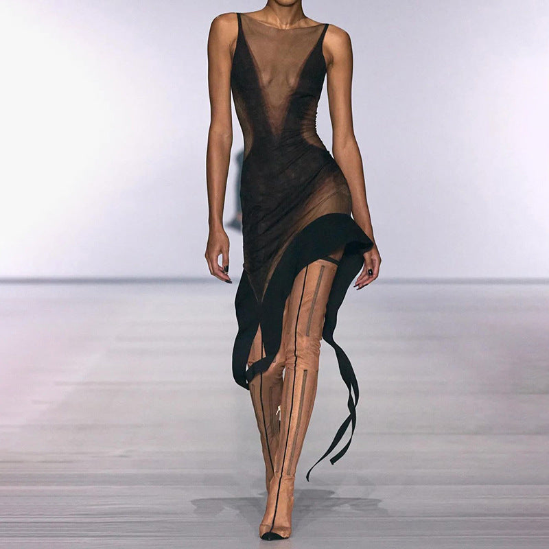 Summer Sexy See through Slim-Fit Irregular Asymmetric Sleeveless Dress Women