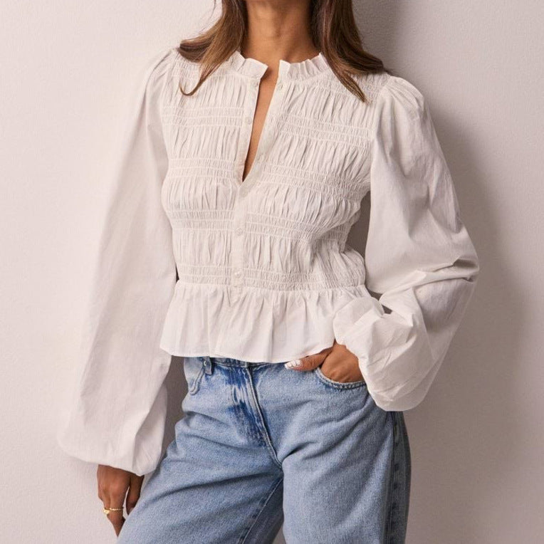 Women Solid Color Casual Button Slim Fit Cardigan Shirt Puff Sleeve Top