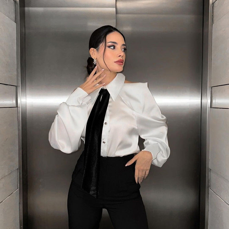 Shirt High Grade off Shoulder Halter Top Office Long Sleeve Collared Shirt Women Tie