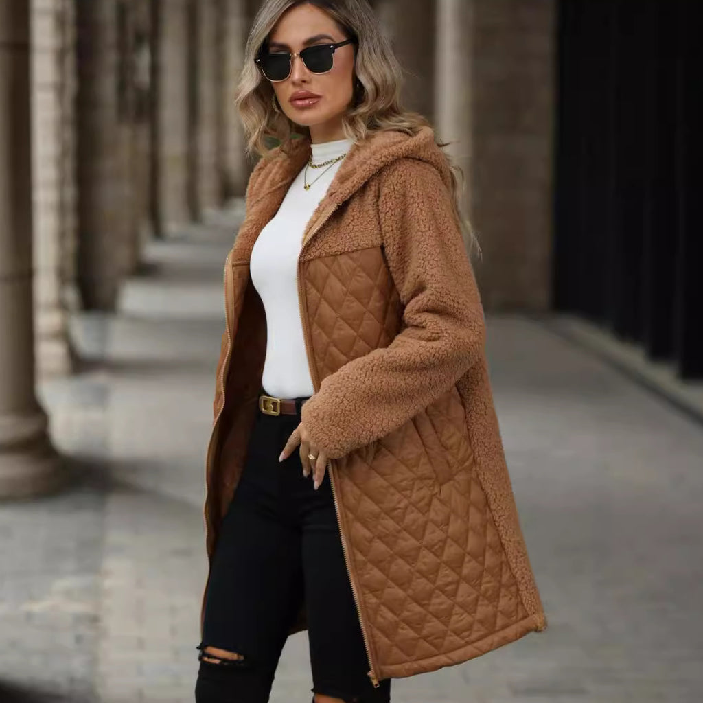 Manteau d'automne-hiver pour femme, ample, à capuche et fermeture éclair, en peluche.