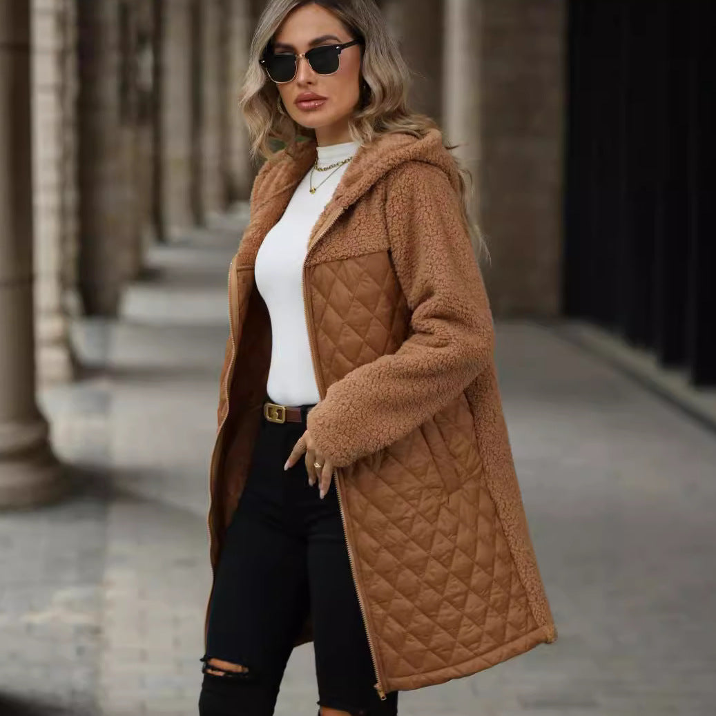 Manteau d'automne-hiver pour femme, ample, à capuche et fermeture éclair, en peluche.