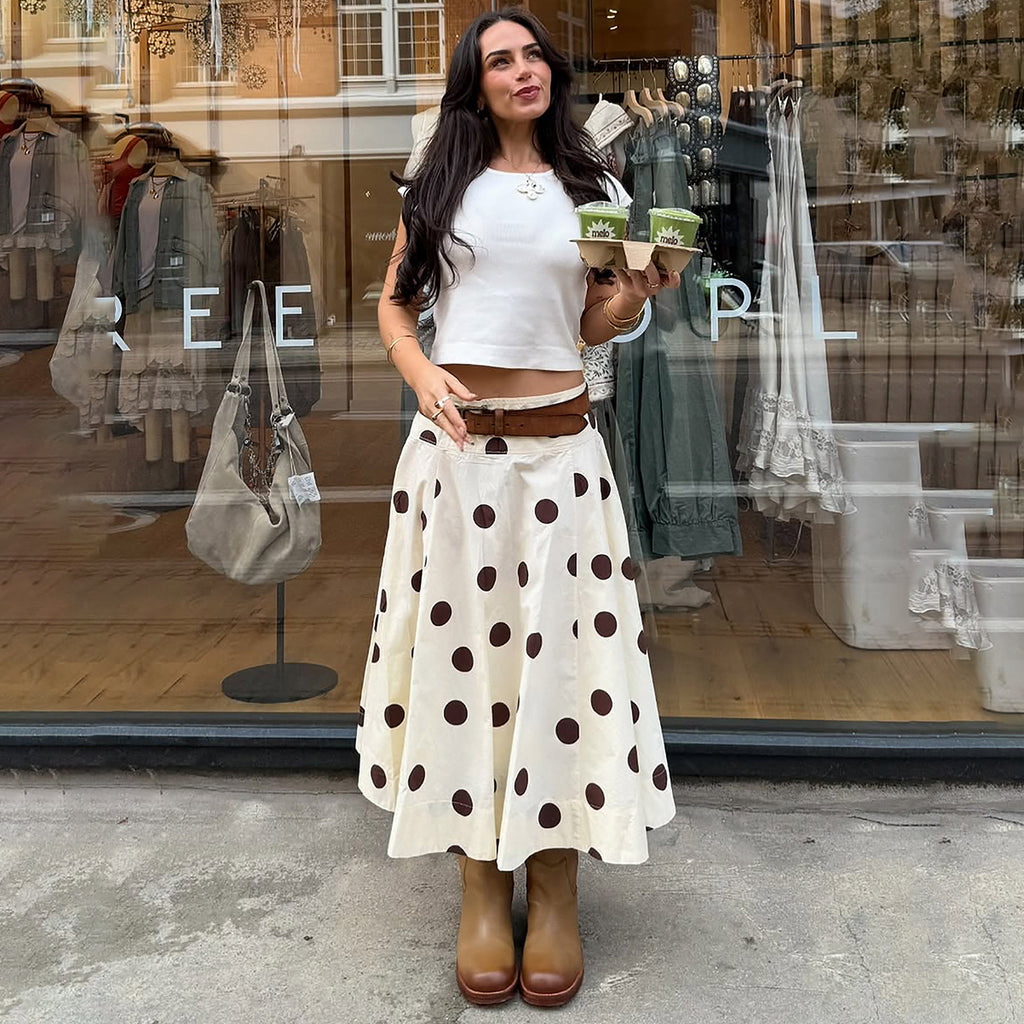 Falda elegante de moda con diseño de paraguas y lunares franceses para mujer, falda drapeada de longitud media para vacaciones