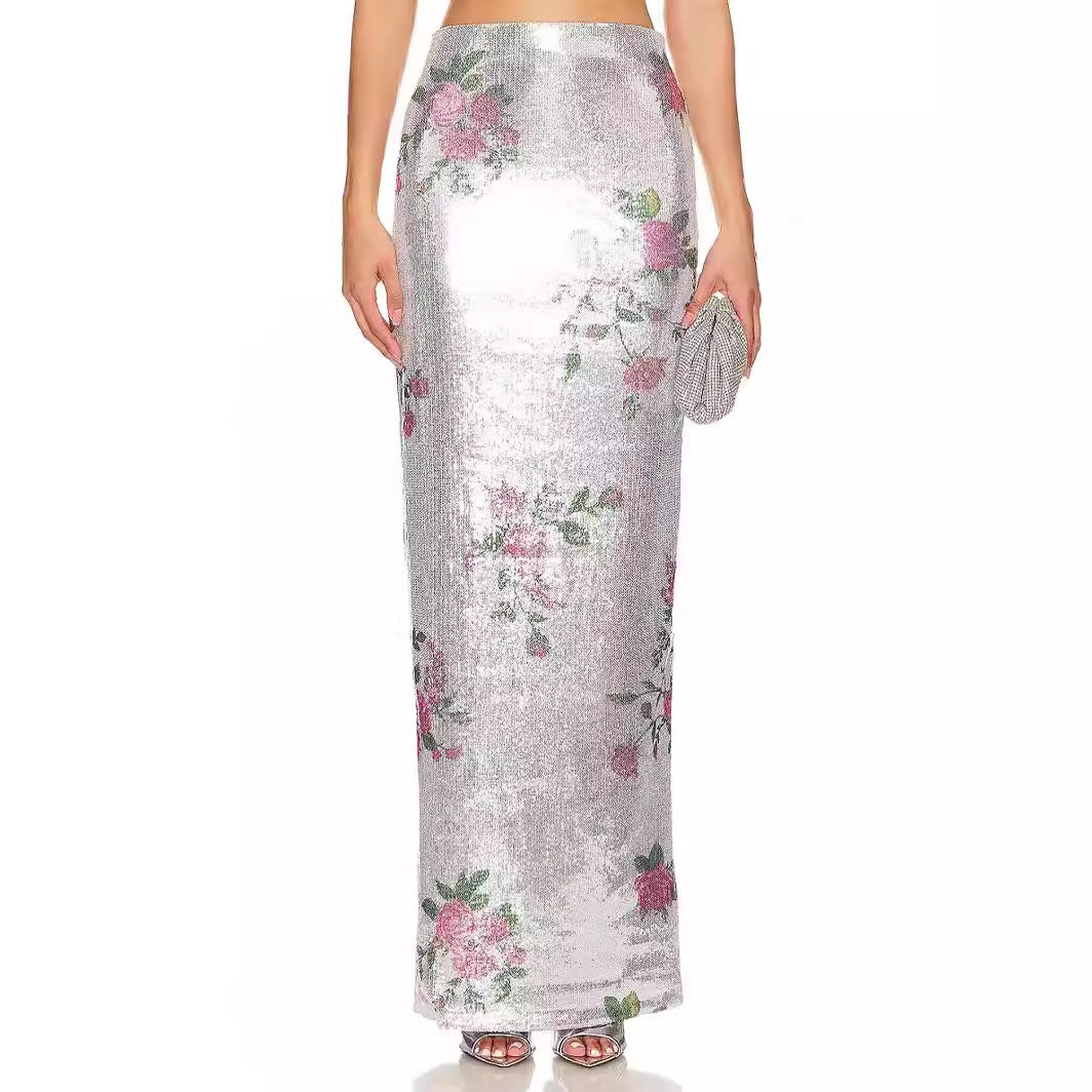 Romantic Vacation Fresh Retro Printed Thin Mesh Skirt Summer Elegant Casual Skirt Sequins