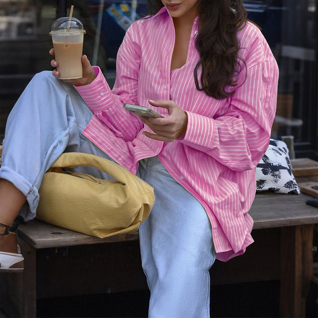 Women Clothing Autumn Casual Holiday Button Striped Long Sleeved Shirt