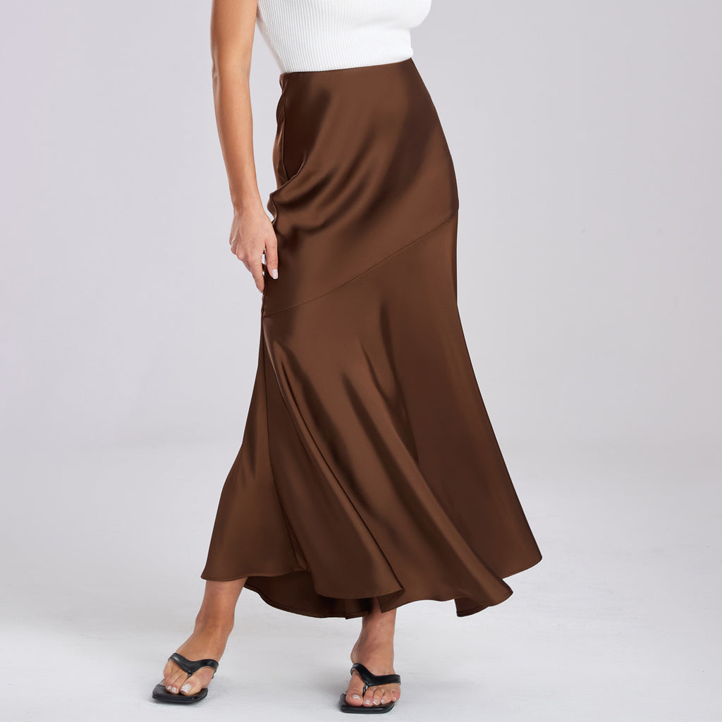 Women Acetate Satin Skirt High Waist Elastic Patchwork Maxi Dress Slim Slimming Sheath Dress